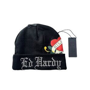 Ed Hardy Knit Cuff Beanie Hat Skull Love Heart Black